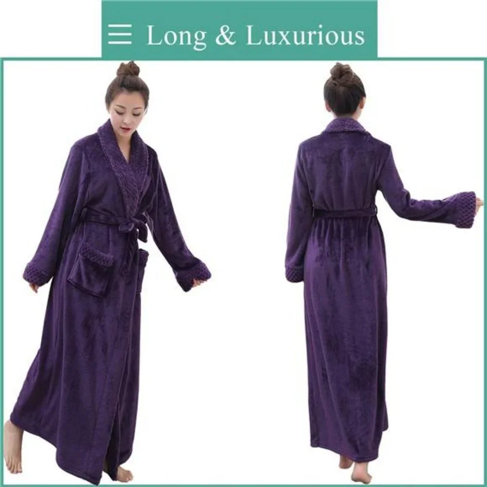 Women Long Fleece Robe Flannel Bathrobes for Winter Thicker Coat with Pockets